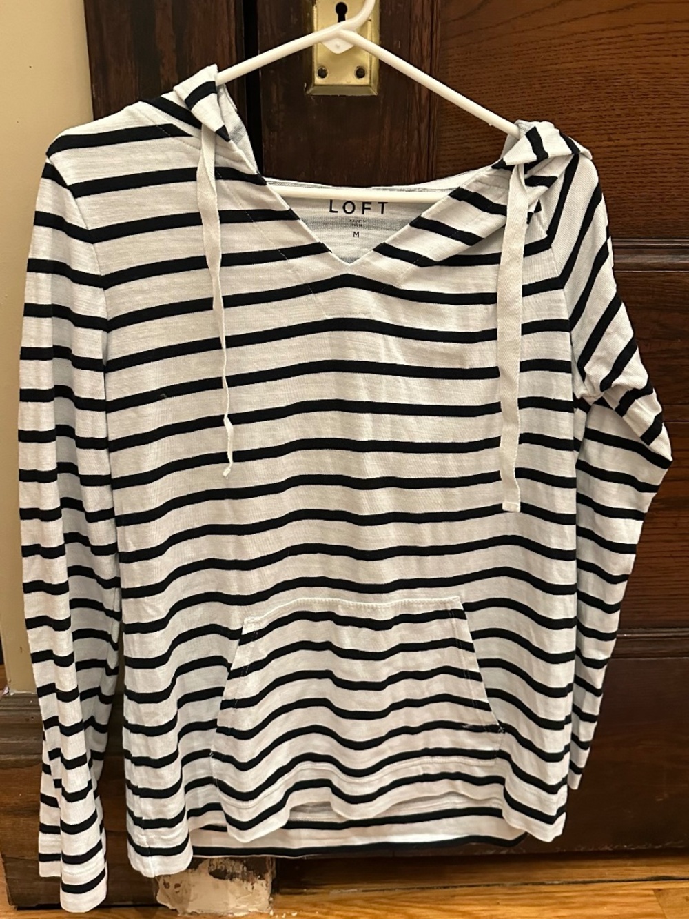LOFT Black and White Striped Hooded Pullover